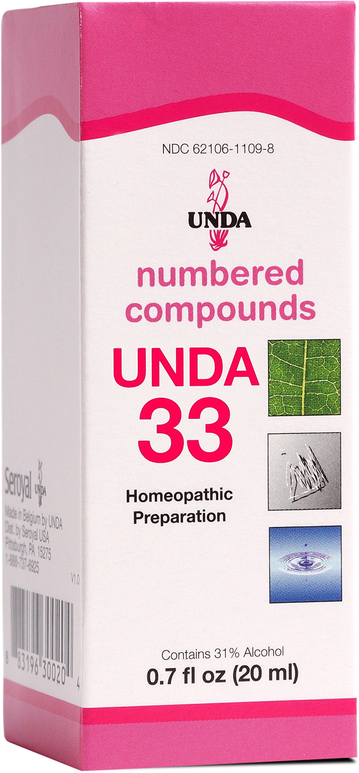 UNDA 33 Numbered Compounds bottle front highlighting biodynamic ingredients for daily balance.