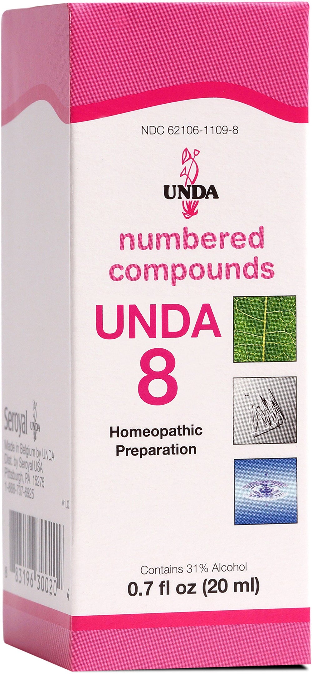 UNDA 8 Numbered Compounds bottle front; supports holistic wellness.