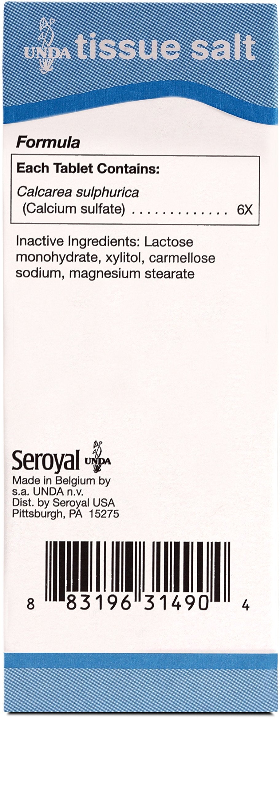 UNDA Calcarea Sulfurica 6X bottle closeup label, trusted homeopathic formulation.