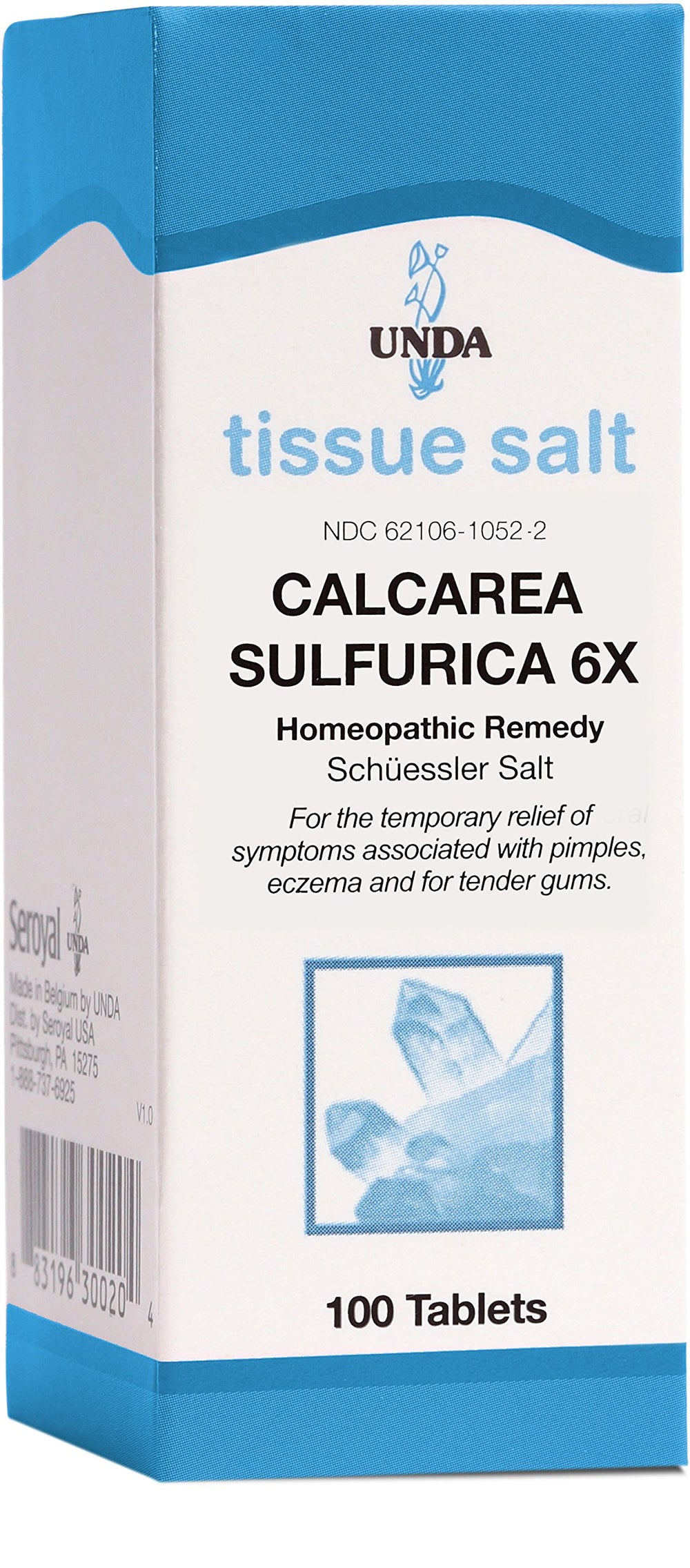 UNDA Calcarea Sulfurica 6X tablets in bottle, potential relief for mild skin irritations.
