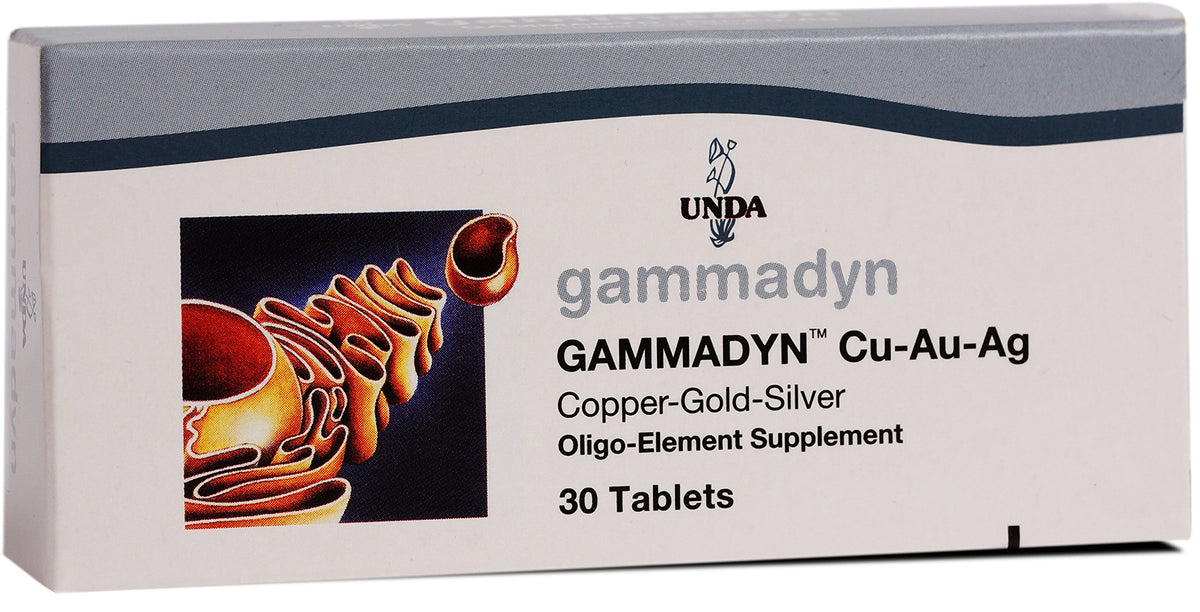 UNDA Gammadyn Cu-Au-Ag packshot showing convenient 30-tablet box for trace element support