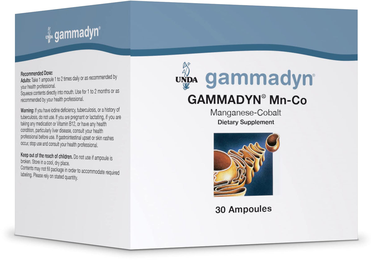 UNDA Gammadyn Mn-Co ampoules bottle close-up showing trace element blend