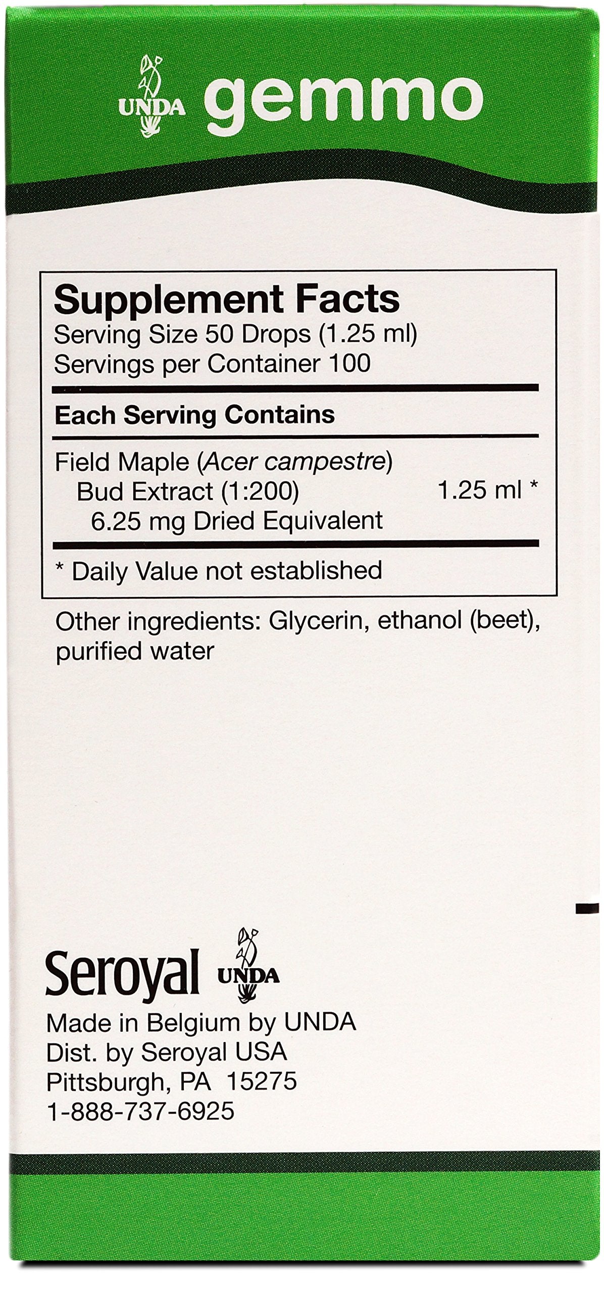 UNDA Gemmo Therapy Acer Campestre bottle label, highlighting biodynamic sourcing and natural ingredients.