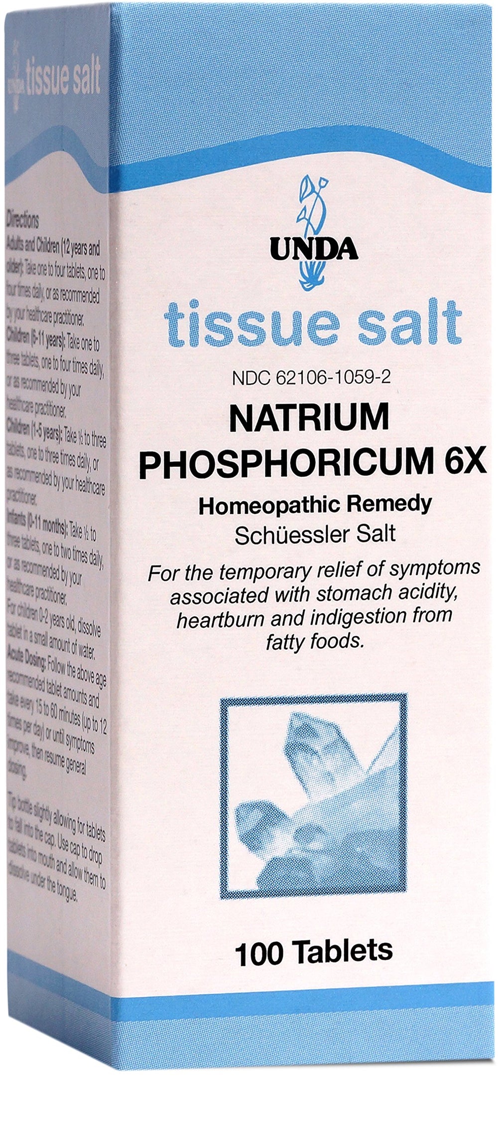 UNDA Natrium Phosphoricum 6X bottle highlights pure tissue salts for gentle digestive balance.