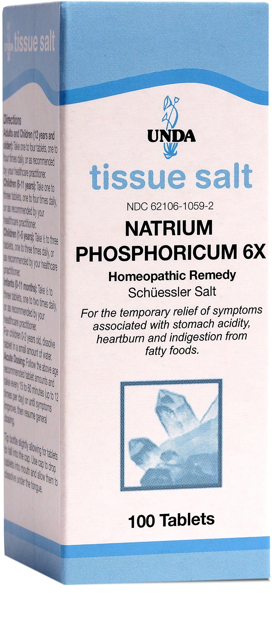 UNDA Natrium Phosphoricum 6X bottle highlights pure tissue salts for gentle digestive balance.