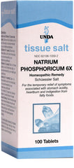 UNDA Natrium Phosphoricum 6X bottle highlights pure tissue salts for gentle digestive balance.