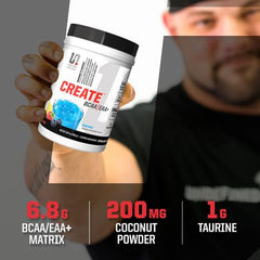 Undefined Nutrition CREATE BCAA/EAA+ Blue Raz image highlighting refreshing taste for workouts.