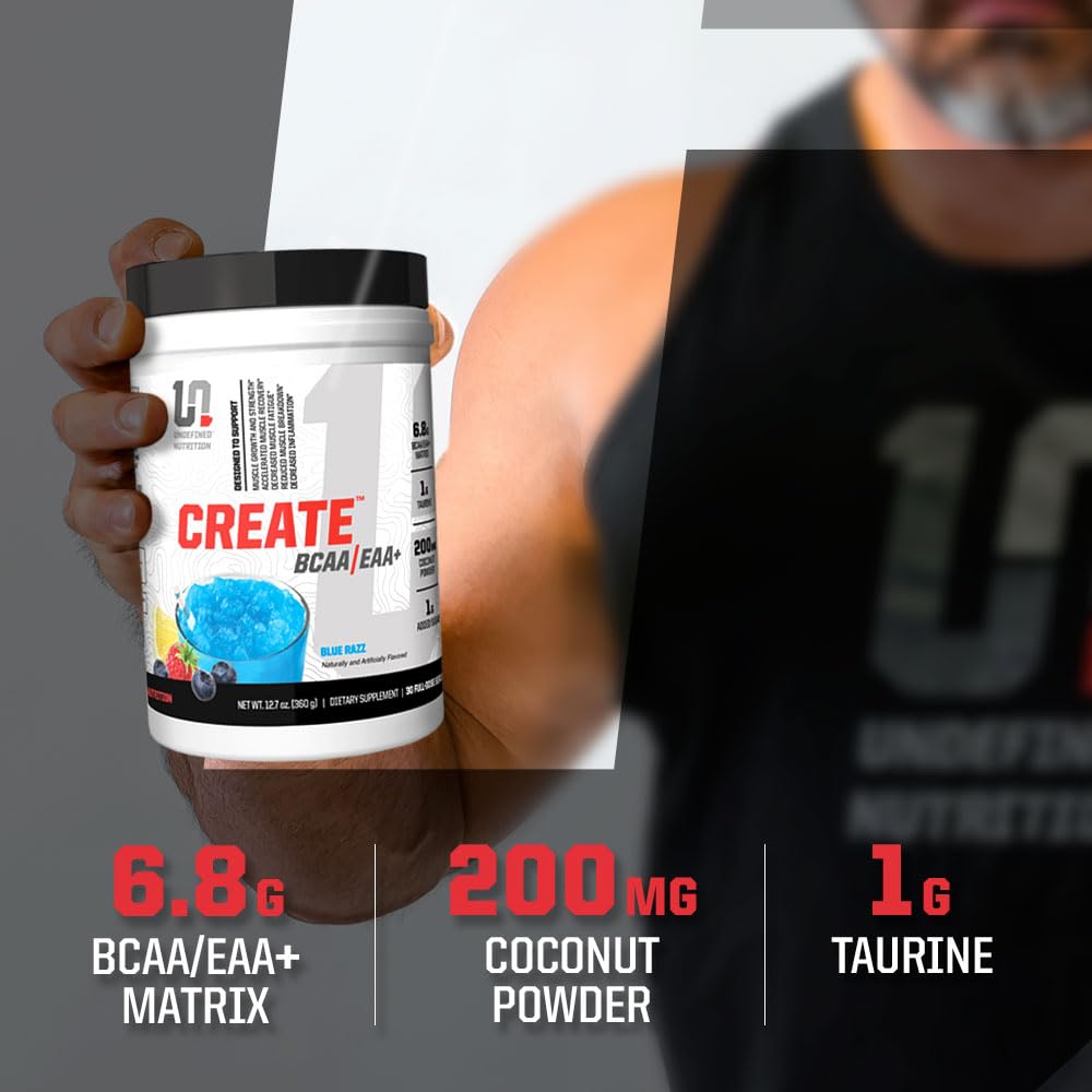 Undefined Nutrition CREATE BCAA/EAA+ ingredients close-up suggests high-quality amino acid matrix.