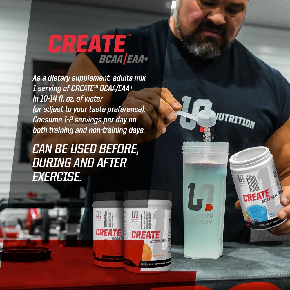 Undefined Nutrition CREATE BCAA/EAA+ Punch tub front showing cGMP manufacturing standards.
