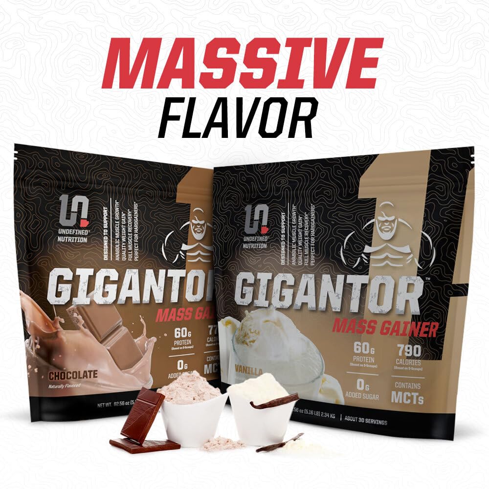 Gigantor mass gainer scoop showing 60g protein per serving.