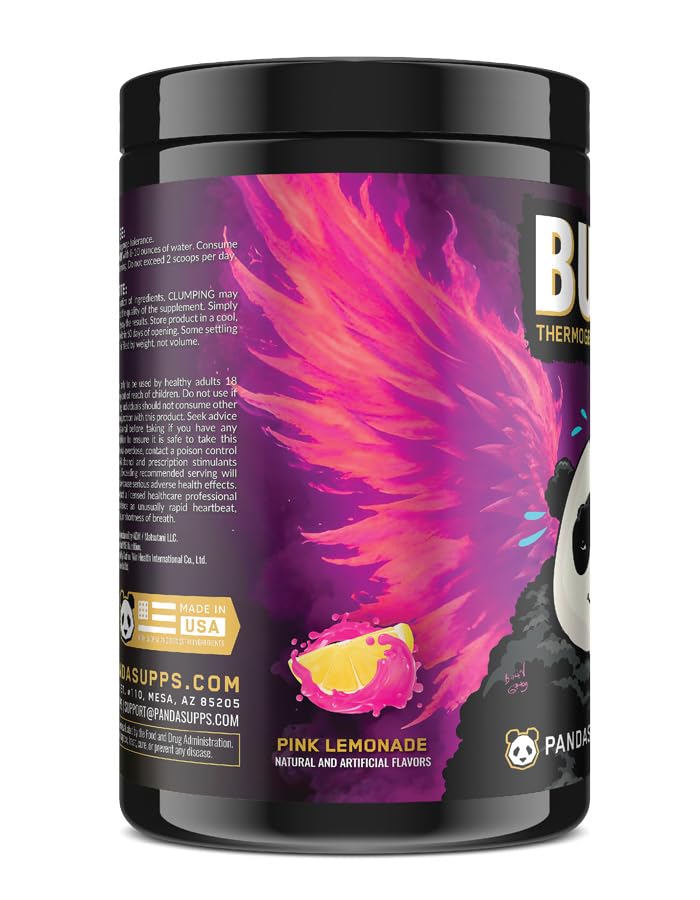 Close-up of Panda Burn Max label highlights potent energy and focus ingredients.