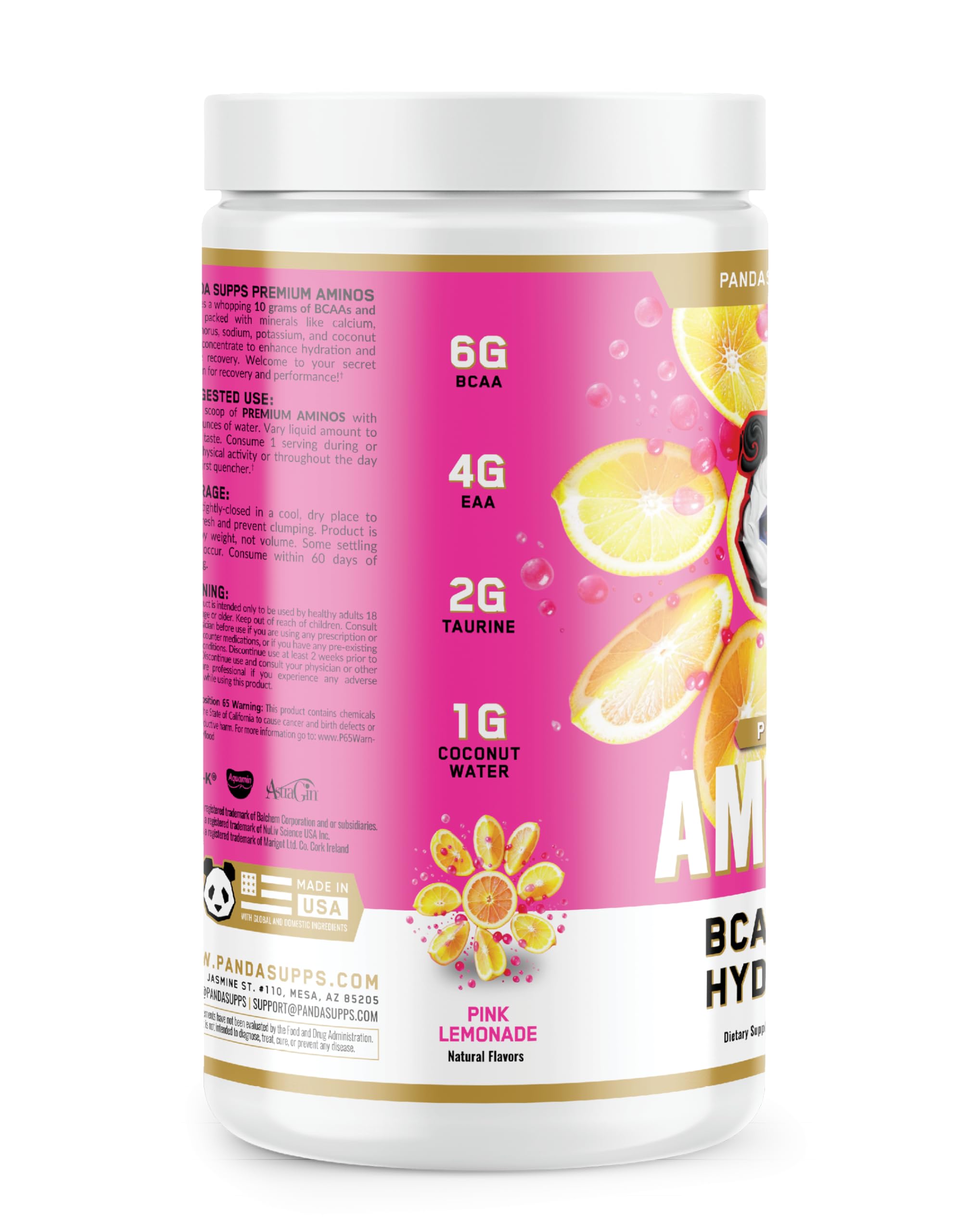 Panda Supps Aminos label highlights minerals and electrolytes for training days.