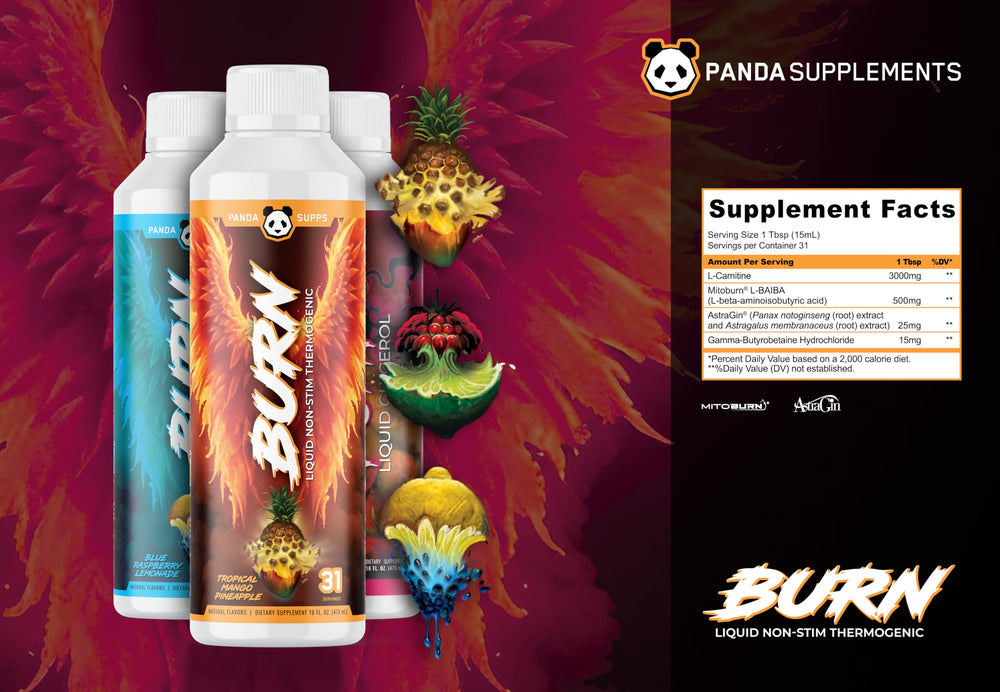 Panda Supps Liquid Burn display with tropical mango pineapple backdrop suggests refreshing flavor and use