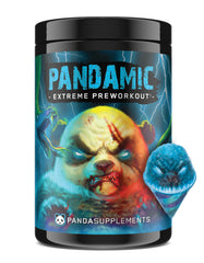 Underground Bio Labs Panda Supps Pandamic Extreme label on blue snow cone flavor for focused workouts.