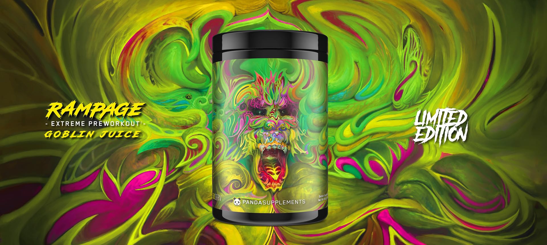 Underground Bio Labs Panda Supps Rampage scoop-dispense action with dosage guidance