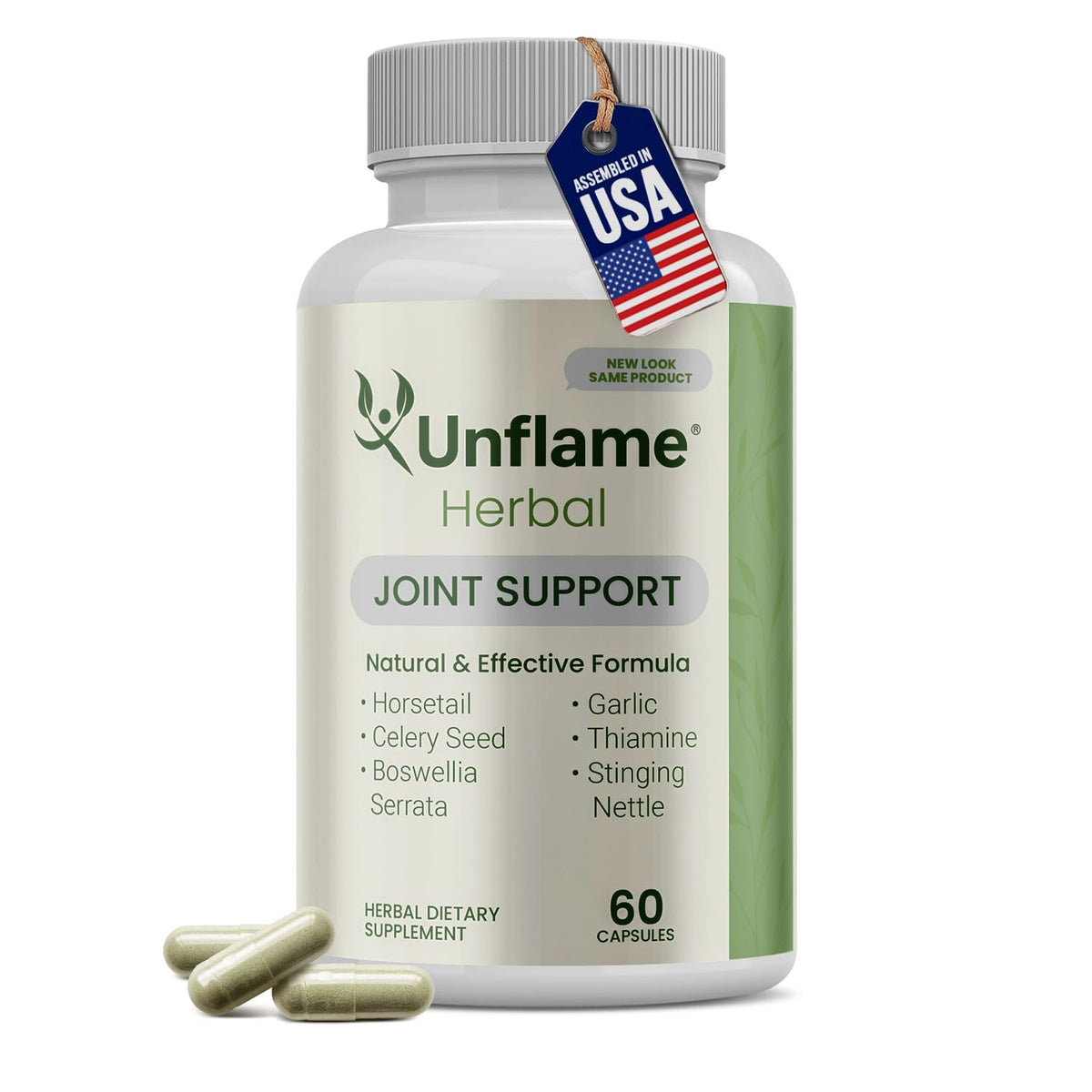 Unflame Herbal bottle front view supports joint flexibility and daily activity.