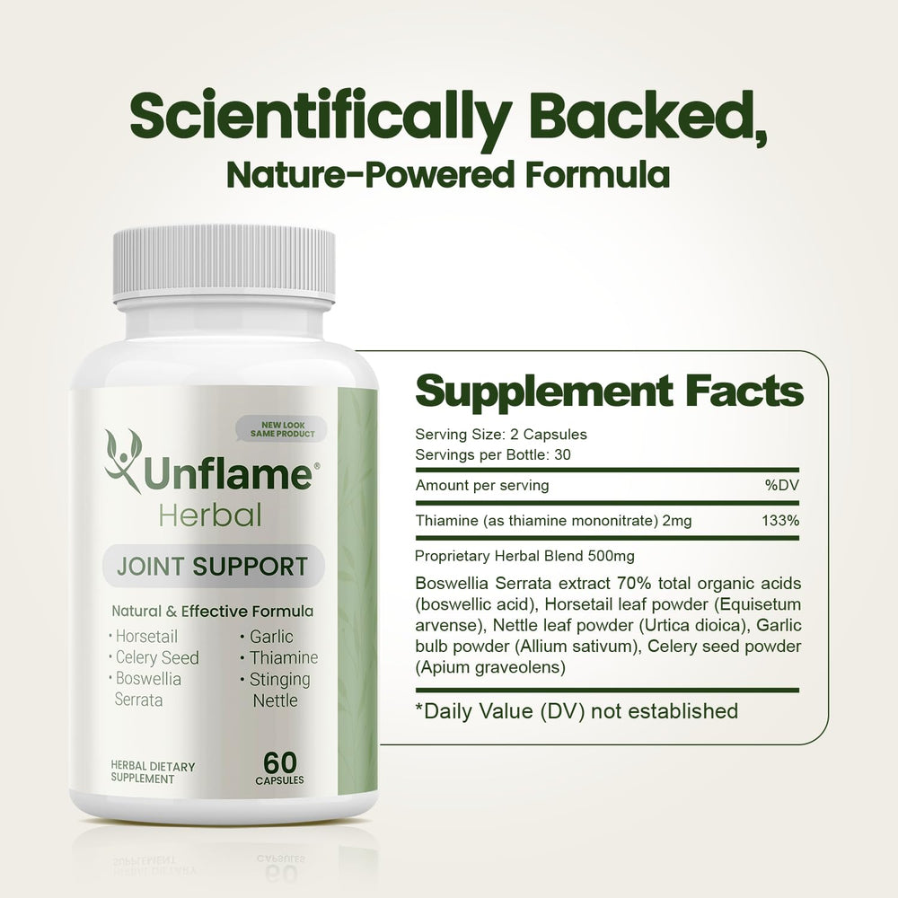 Unflame Herbal label close-up emphasizes safety, quality, and vegetarian capsules.