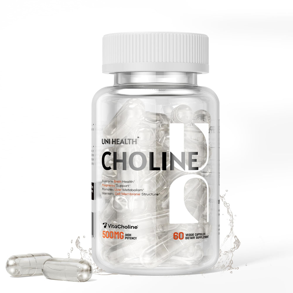 UniHealth Choline 500 mg bottle with VitaCholine for cognitive support.