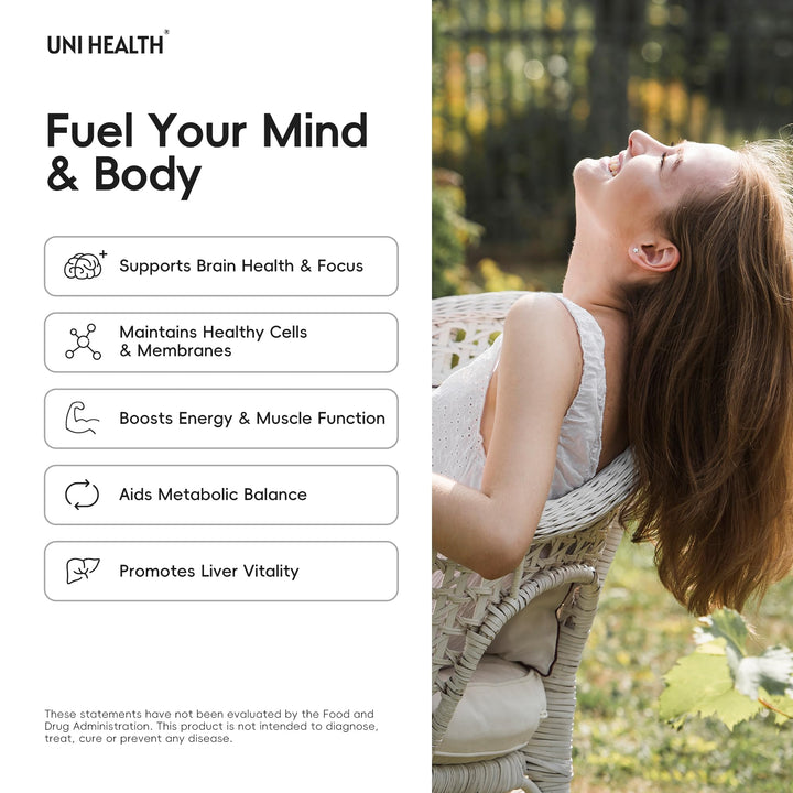 UniHealth Choline capsule beside VitaCholine formula for brain health.