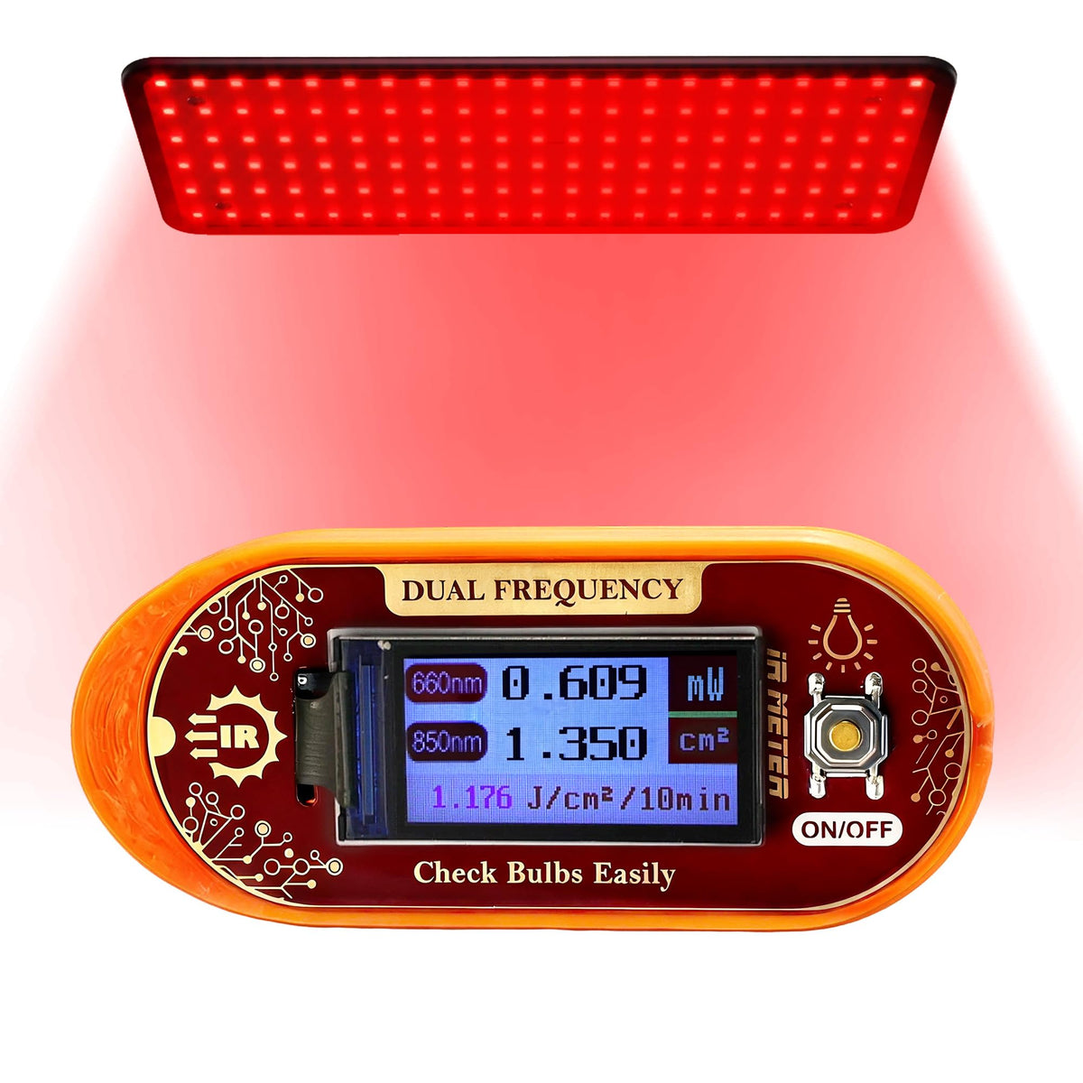 UNIHYK red light meter with dual-wavelength display shows 660nm and 850nm readings for accurate measurements.