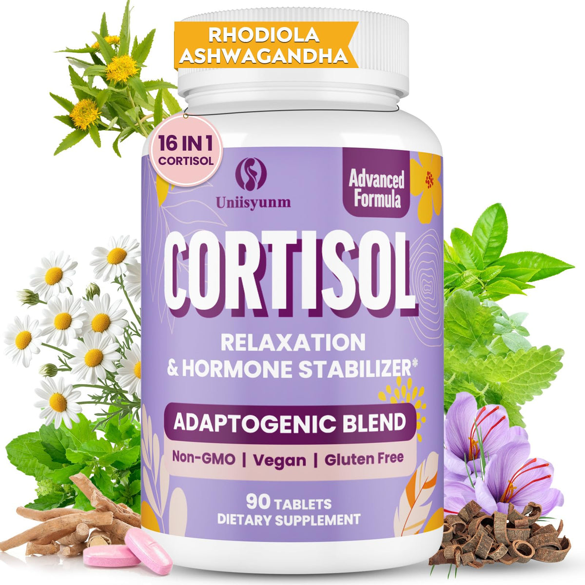 Uniisyunm Cortisol Supplements for Women bottle on table promotes daily calm and balance.