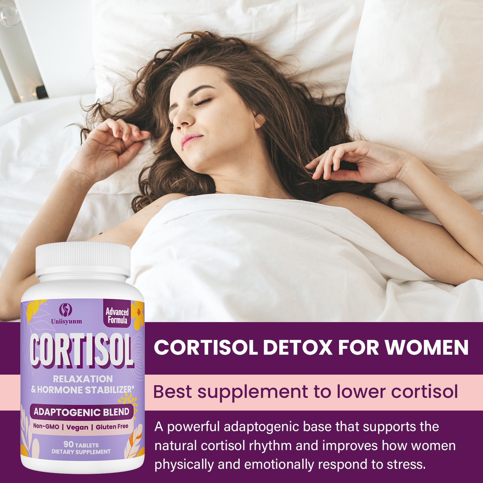 Uniisyunm Cortisol Supplements for Women focus and clarity support with magnesium and zinc.