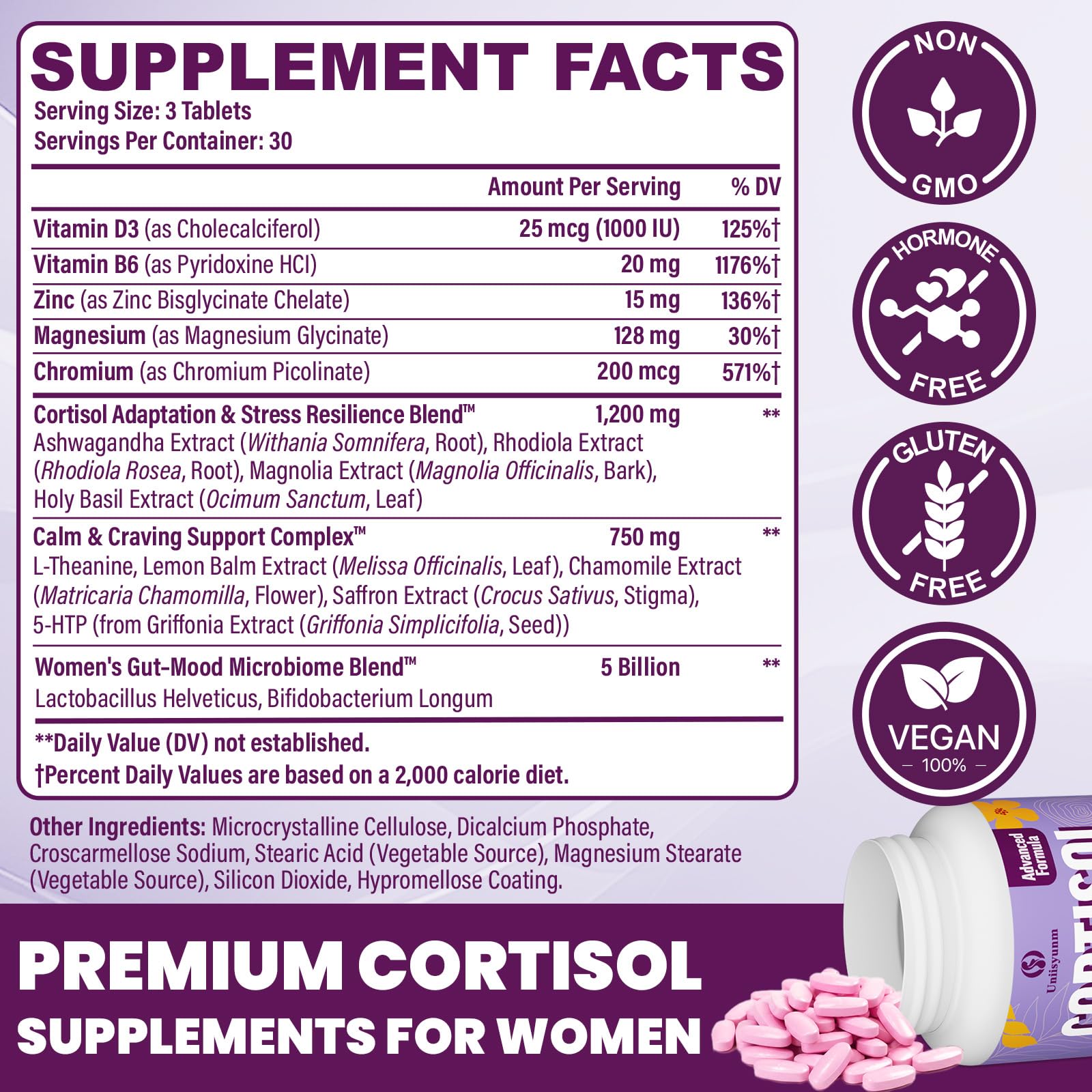 Uniisyunm Cortisol Supplements for Women label closeup highlights 16 in 1 formula.