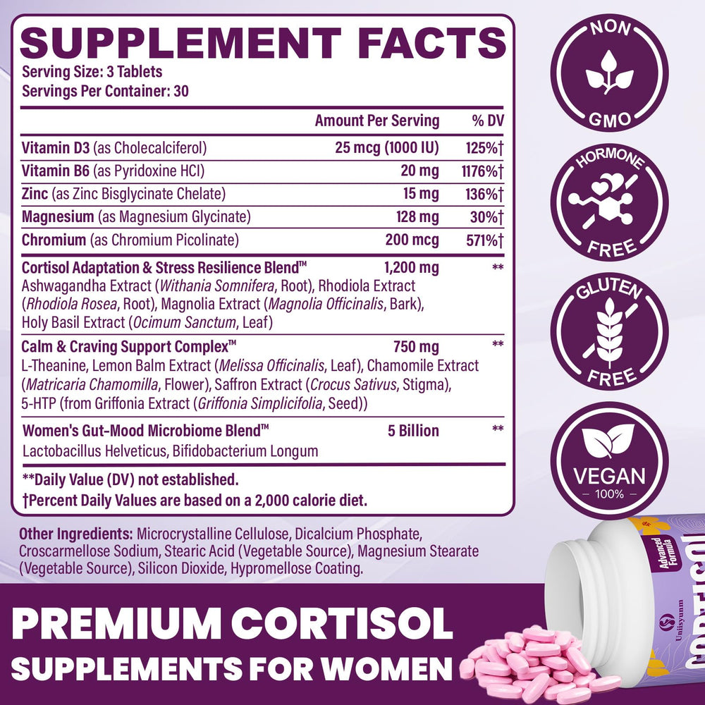 Uniisyunm Cortisol Supplements for Women label closeup highlights 16 in 1 formula.