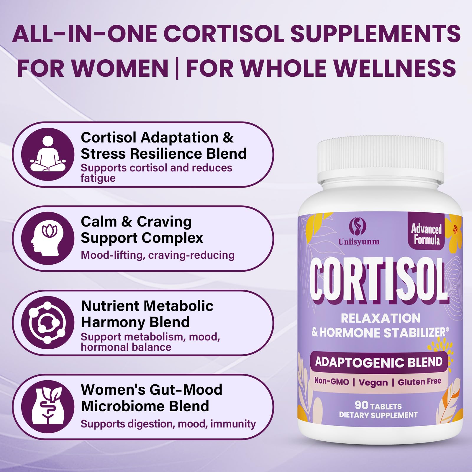 Uniisyunm Cortisol Supplements for Women night time use helps promote restful sleep.