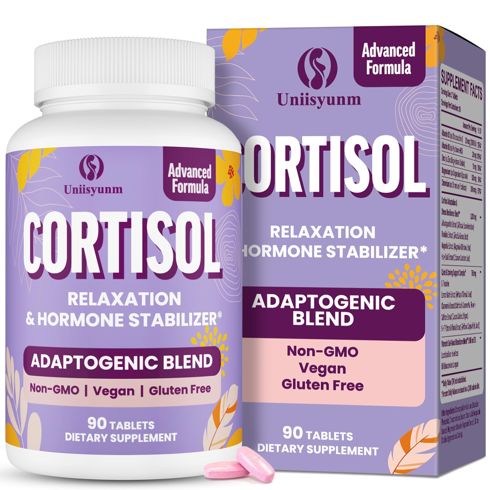 Uniisyunm Cortisol Supplements for Women packaging and daily use kit showcase convenience.