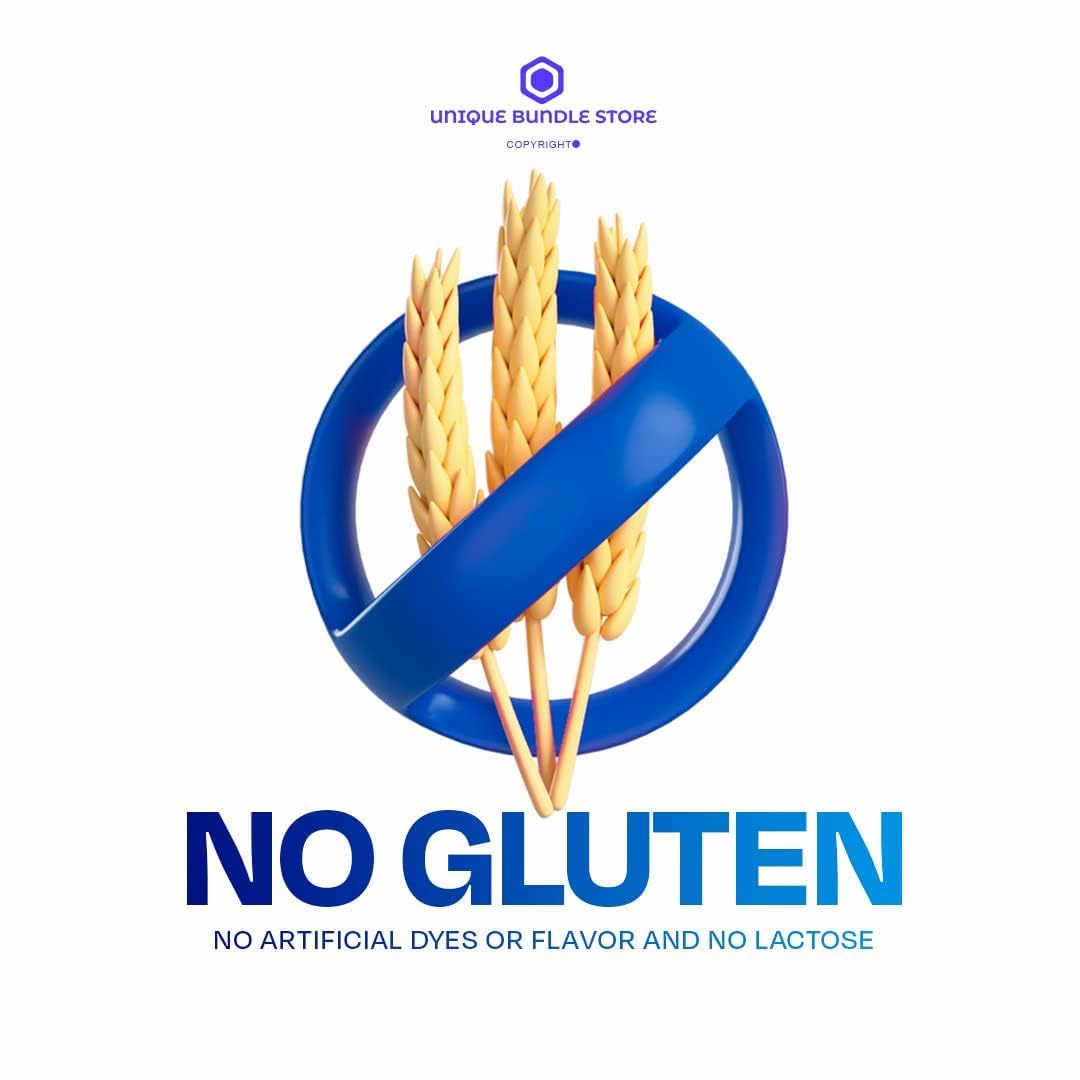 Unique Bundle Store bottle label close-up highlighting gluten-free and lactose-free formula.