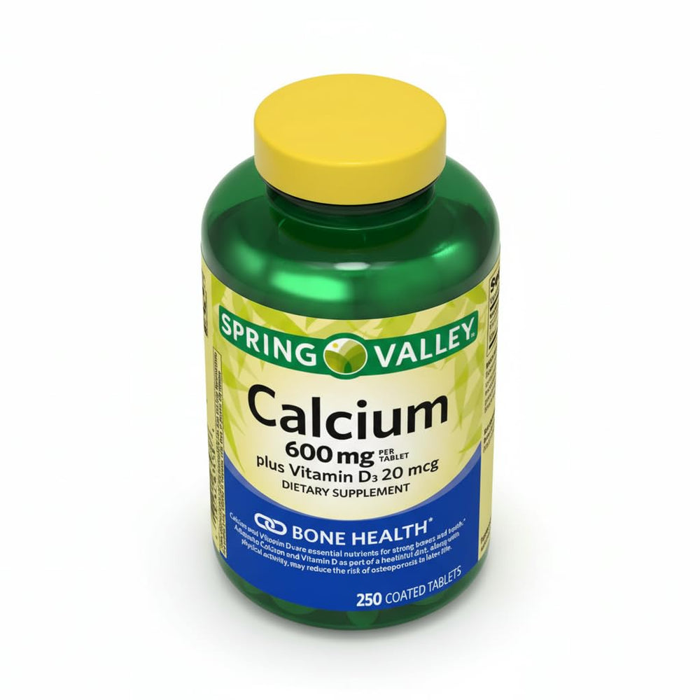 Unique Bundle Store calcium 600mg with vitamin D3 800 IU bottle label close-up for bone support.