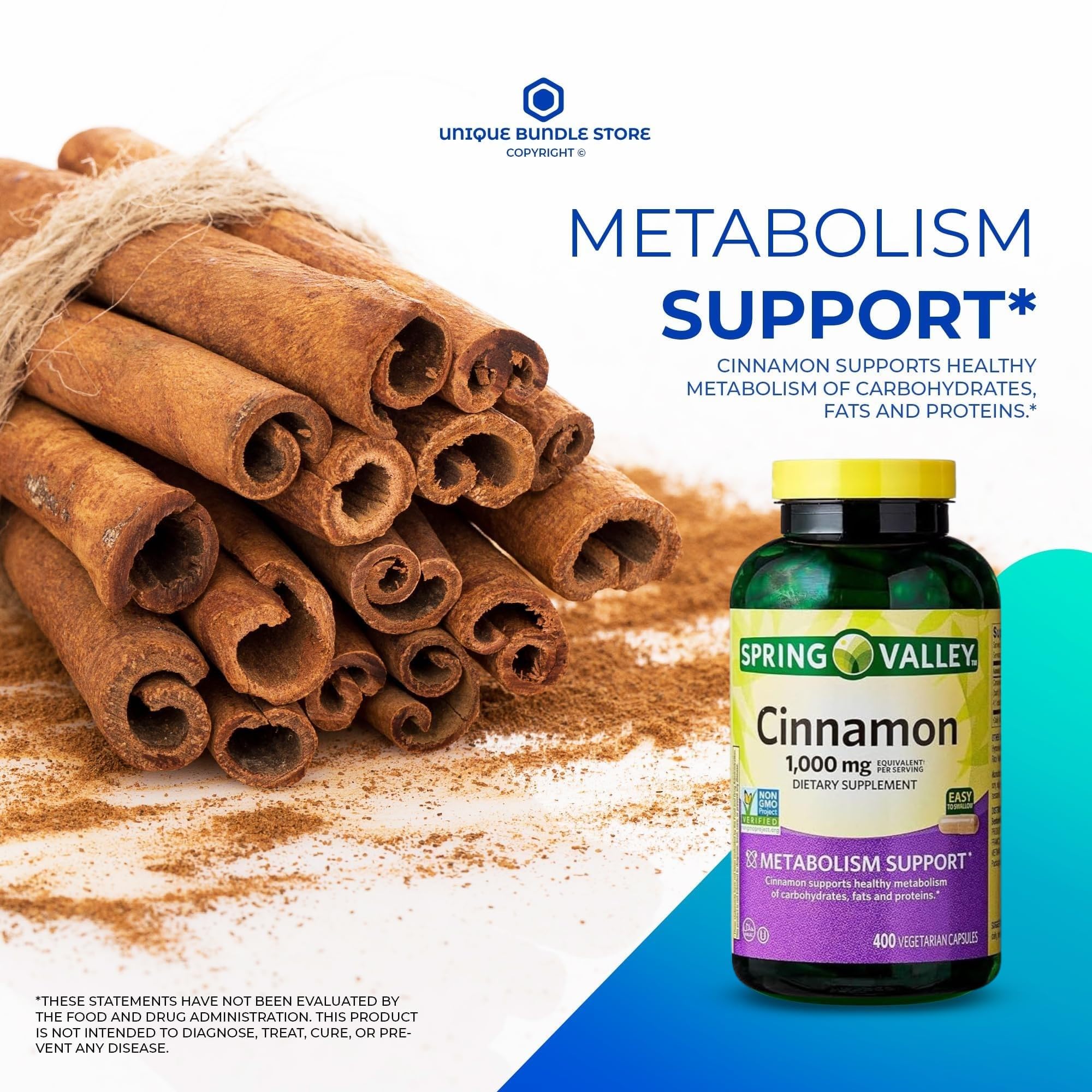 Unique Bundle Store cinnamon 400-count capsules shown for a vegetarian-friendly daily supplement