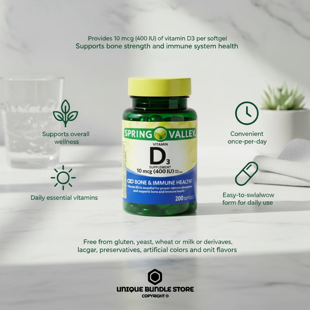 Unique Bundle Store Vitamin D3 200-count bottle signals long-lasting daily use.