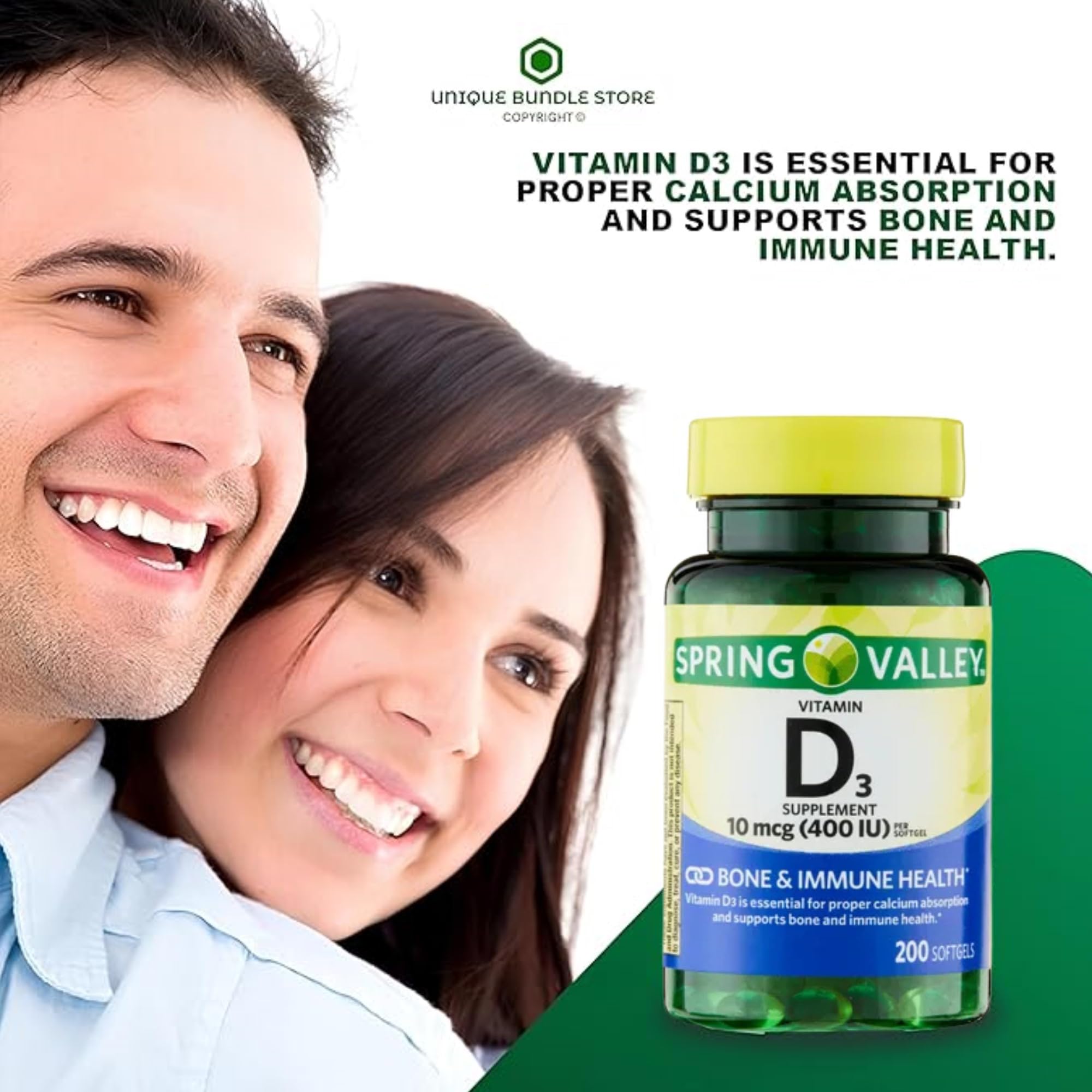 Unique Bundle Store Vitamin D3 400 IU softgel beside a meal, easy to swallow.