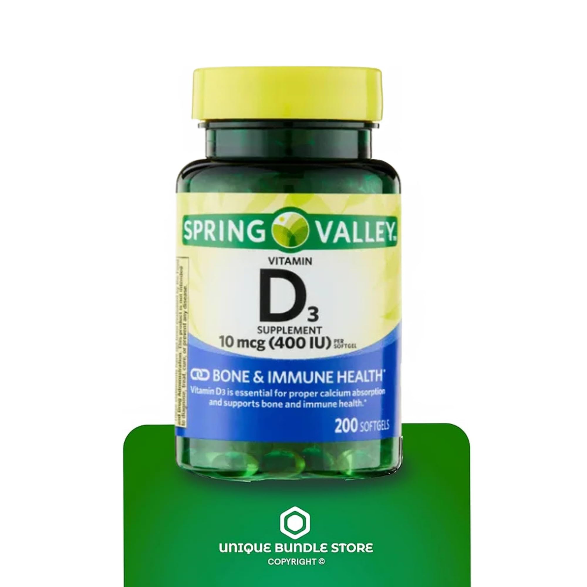 Unique Bundle Store Vitamin D3 close-up, small easy-swallow softgel design.