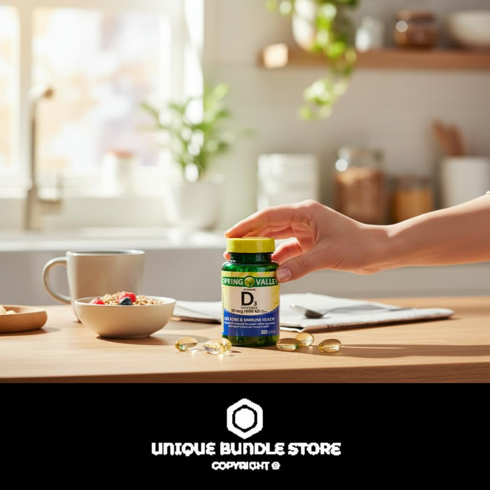 Unique Bundle Store Vitamin D3 on breakfast table, supporting a consistent daily routine.