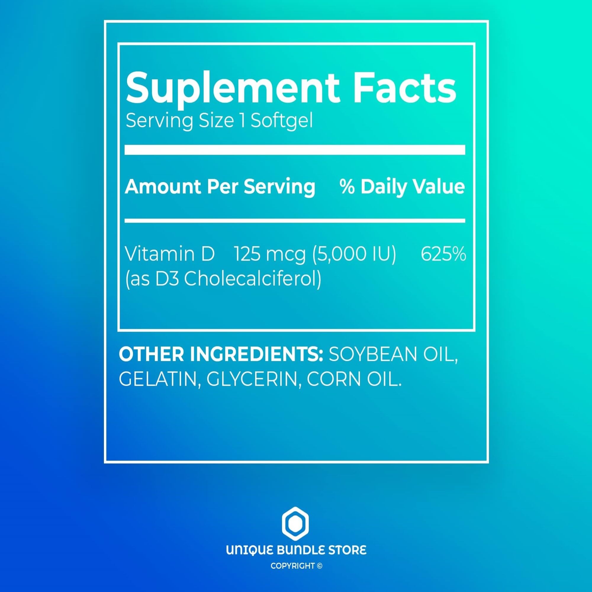 Unique Bundle Store Vitamin D3 label packaging emphasizes clean formula