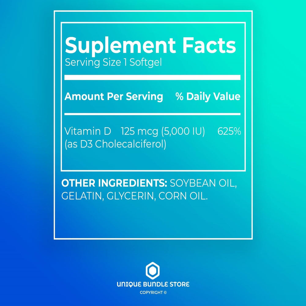 Unique Bundle Store Vitamin D3 label packaging emphasizes clean formula