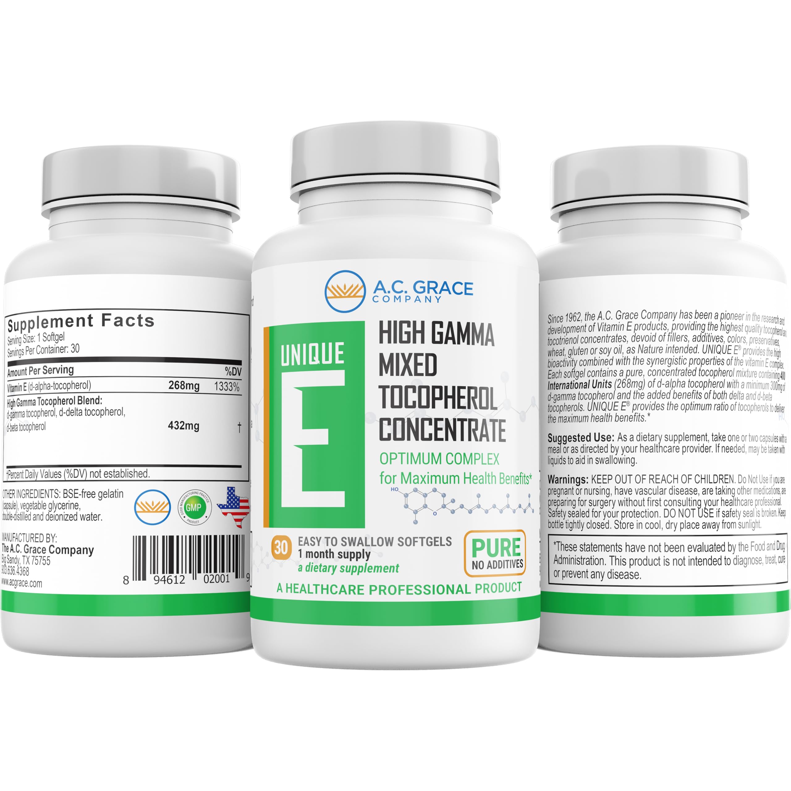 Unique E A.C. Grace mixed tocopherols softgels label shows natural vitamin E and allergen-free formula.