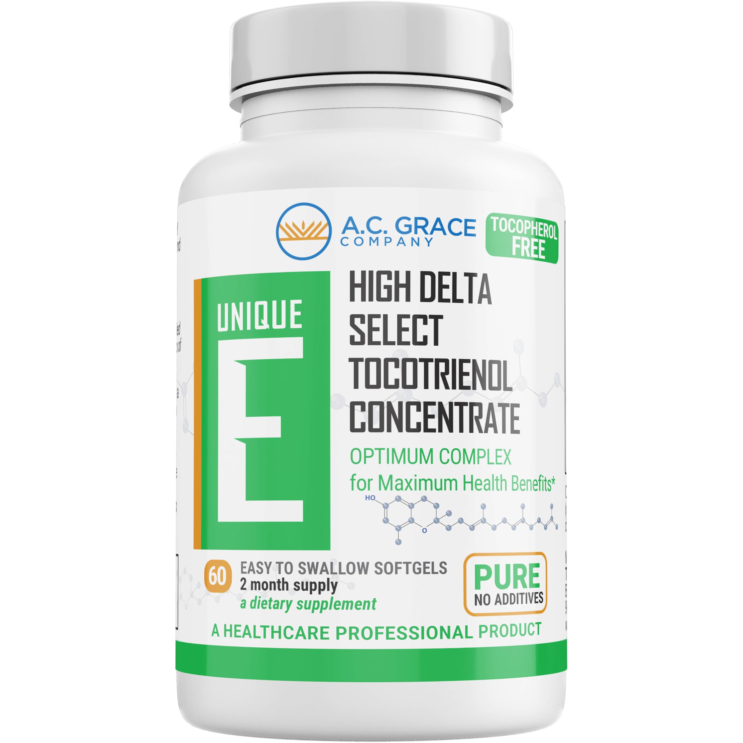 Unique E Tocotrienols softgel bottle with annatto-derived tocotrienols for daily wellness.