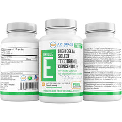 Close-up of Unique E Tocotrienols softgels, tocopherol-free formula.