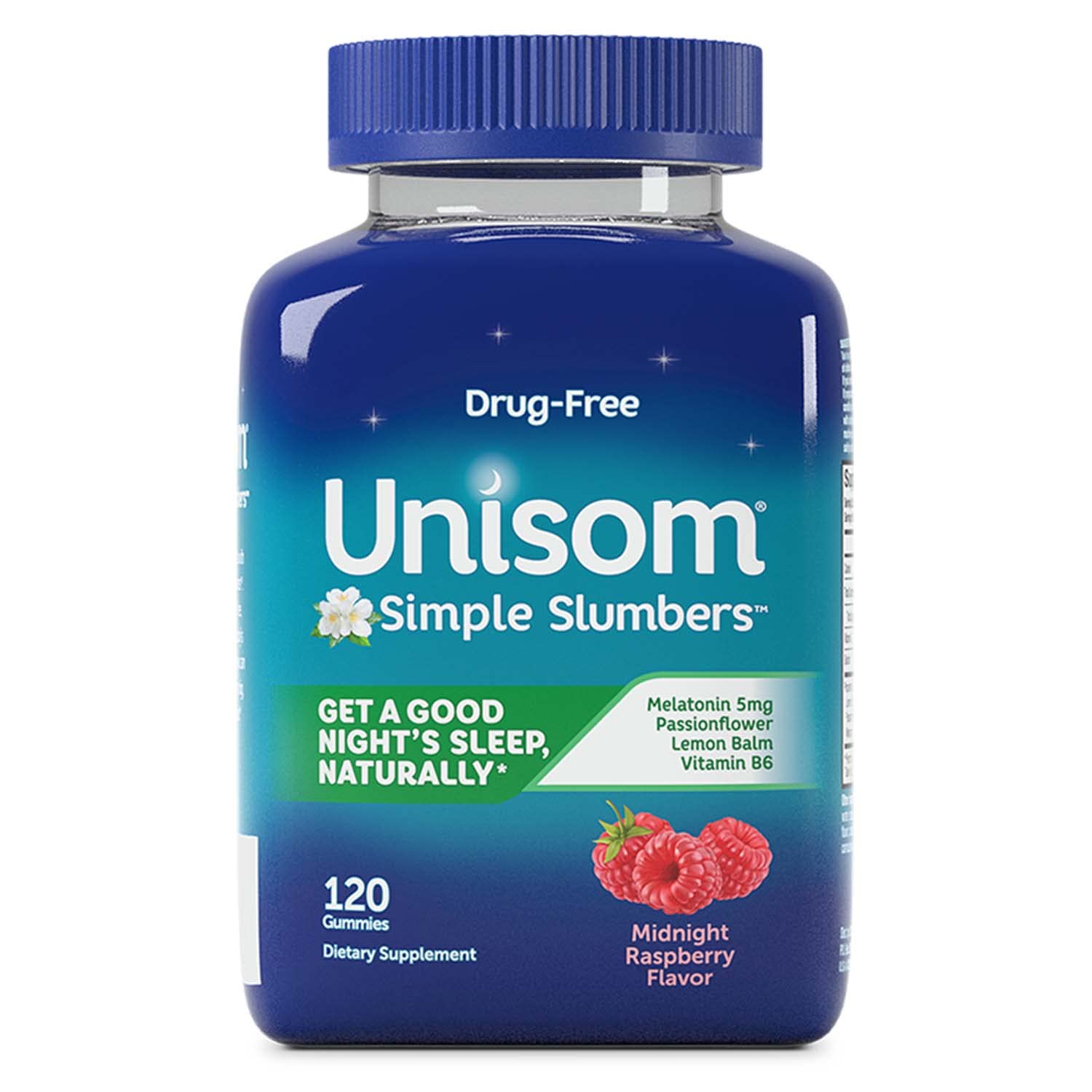 Unisom Simple Slumbers gummies bottle on nightstand promoting restful sleep.