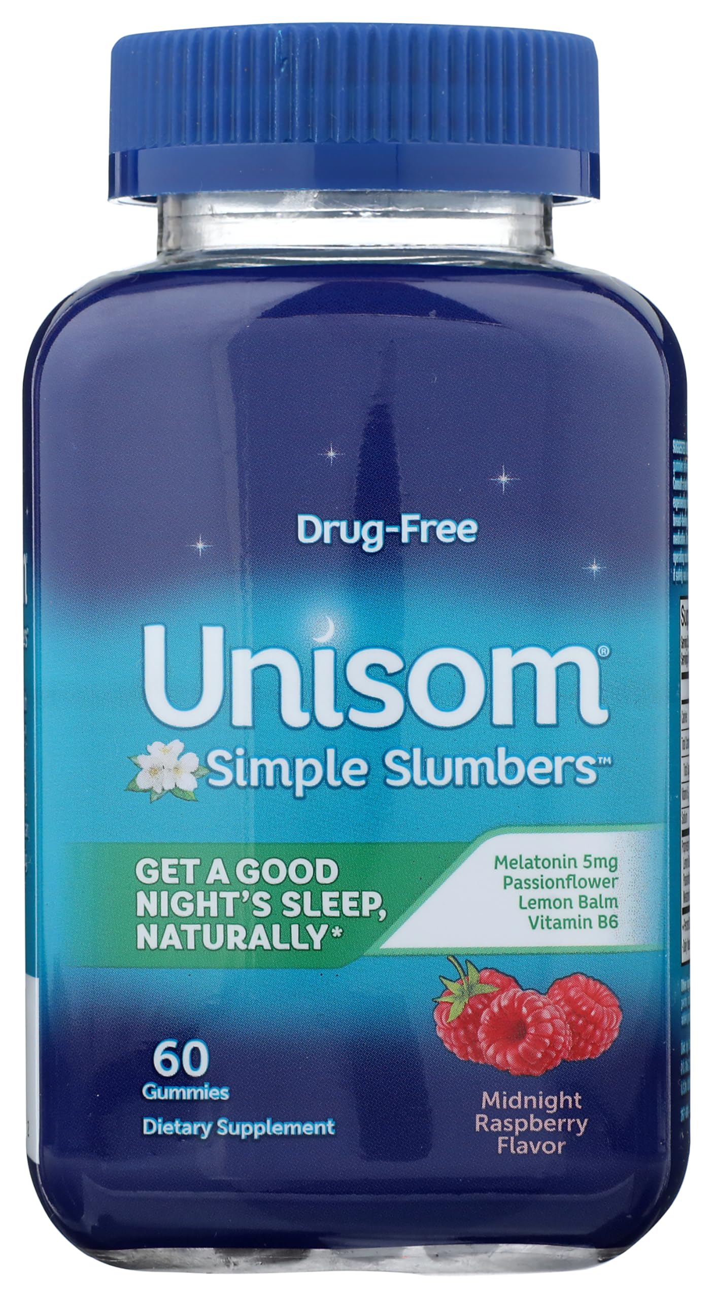 Unisom Simple Slumbers bottle with midnight raspberry gummies for sleep support.