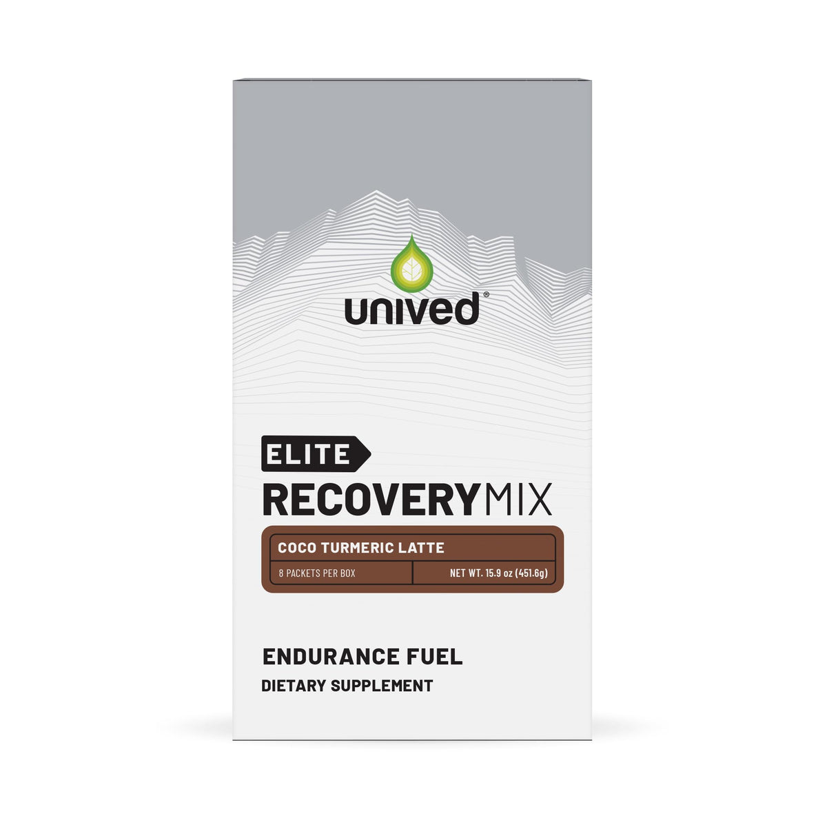 Unived Elite Recovery Mix bottle label highlights Coco Turmeric Latte benefits.