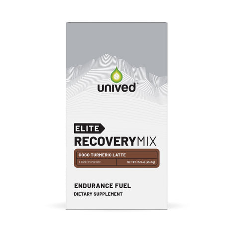 Unived Elite Recovery Mix bottle label highlights Coco Turmeric Latte benefits.