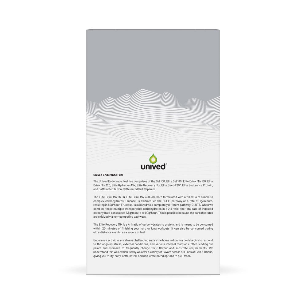 Unived Elite Recovery Mix packaging emphasizes balanced nutrition.