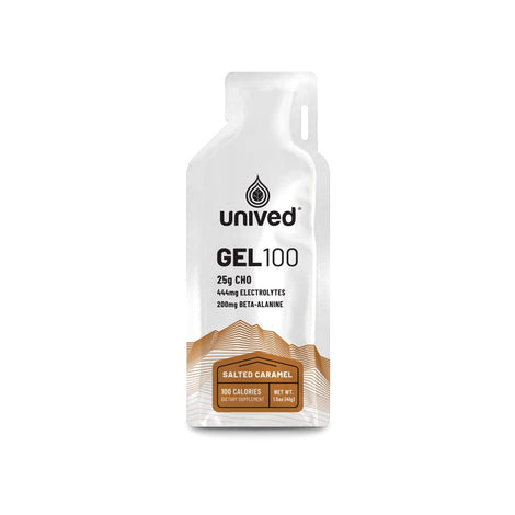 Unived Gel 100kcal salted caramel packet held for quick energy during workouts.