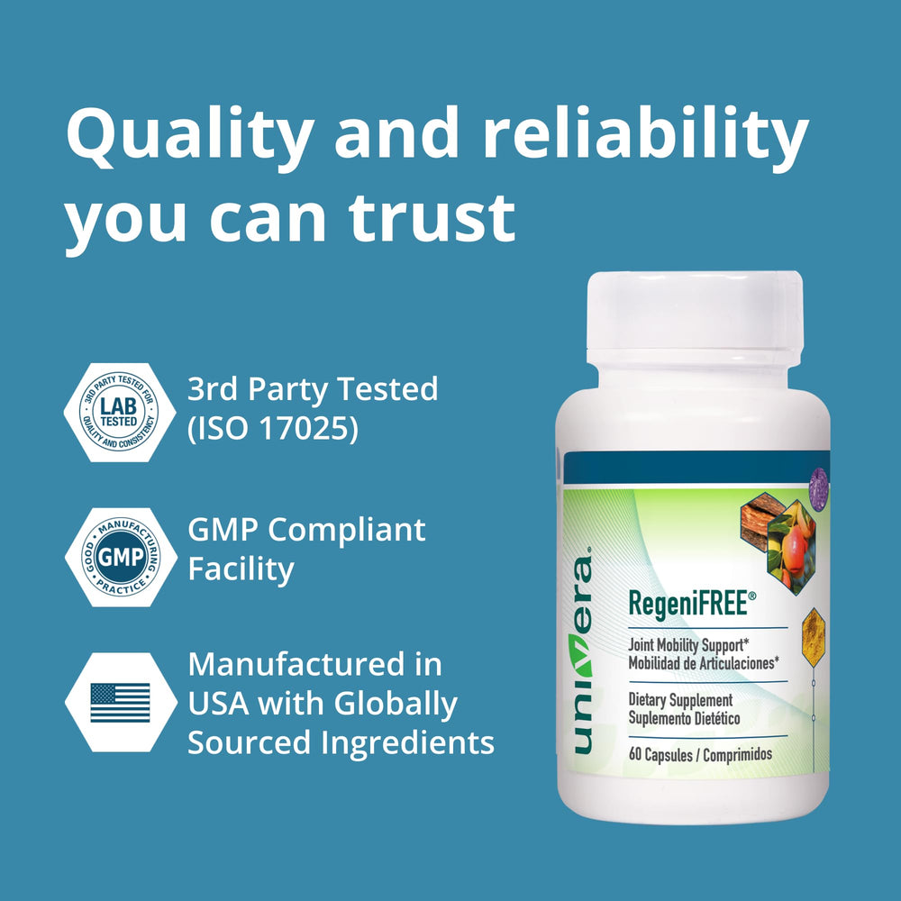 Univera RegeniFREE capsules in hand illustrating easy intake.