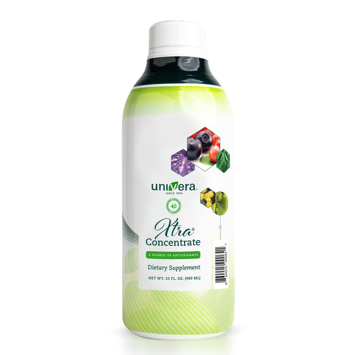 Univera Xtra Concentrate bottle front showing the 33oz liquid formula and branding for energy support.